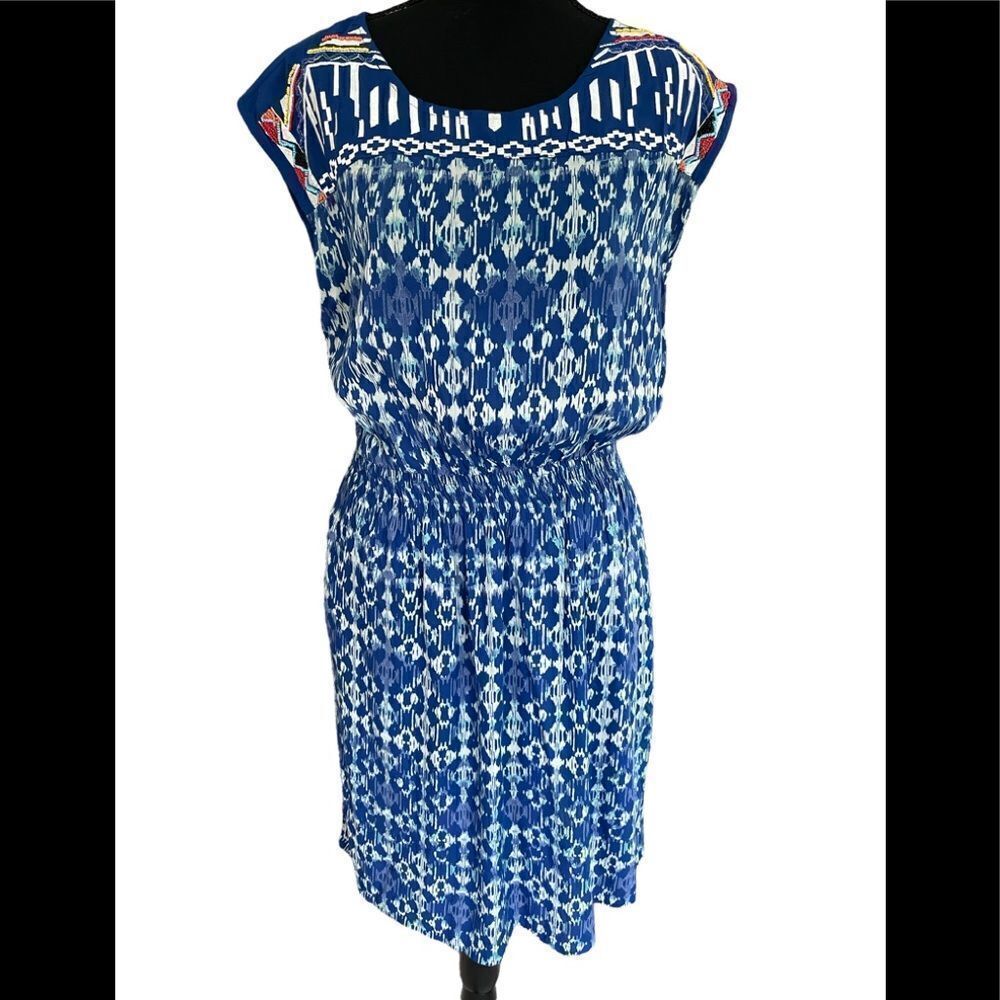 Nostalgia blue dress with elastic waistband and beaded detail on shoulders, sz S